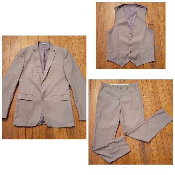 Vinci Philosophy 3pc Suit Tan Khaki Blazer Vest Pants 38L Preppy Tailored Formal